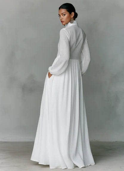 Women's Linen Blend Stand Collar Maxi Shirt Dress