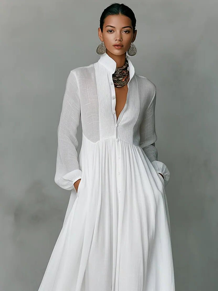 Women's Linen Blend Stand Collar Maxi Shirt Dress