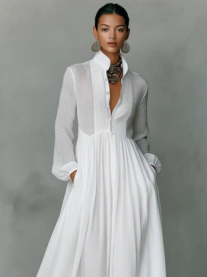 Women's Linen Blend Stand Collar Maxi Shirt Dress