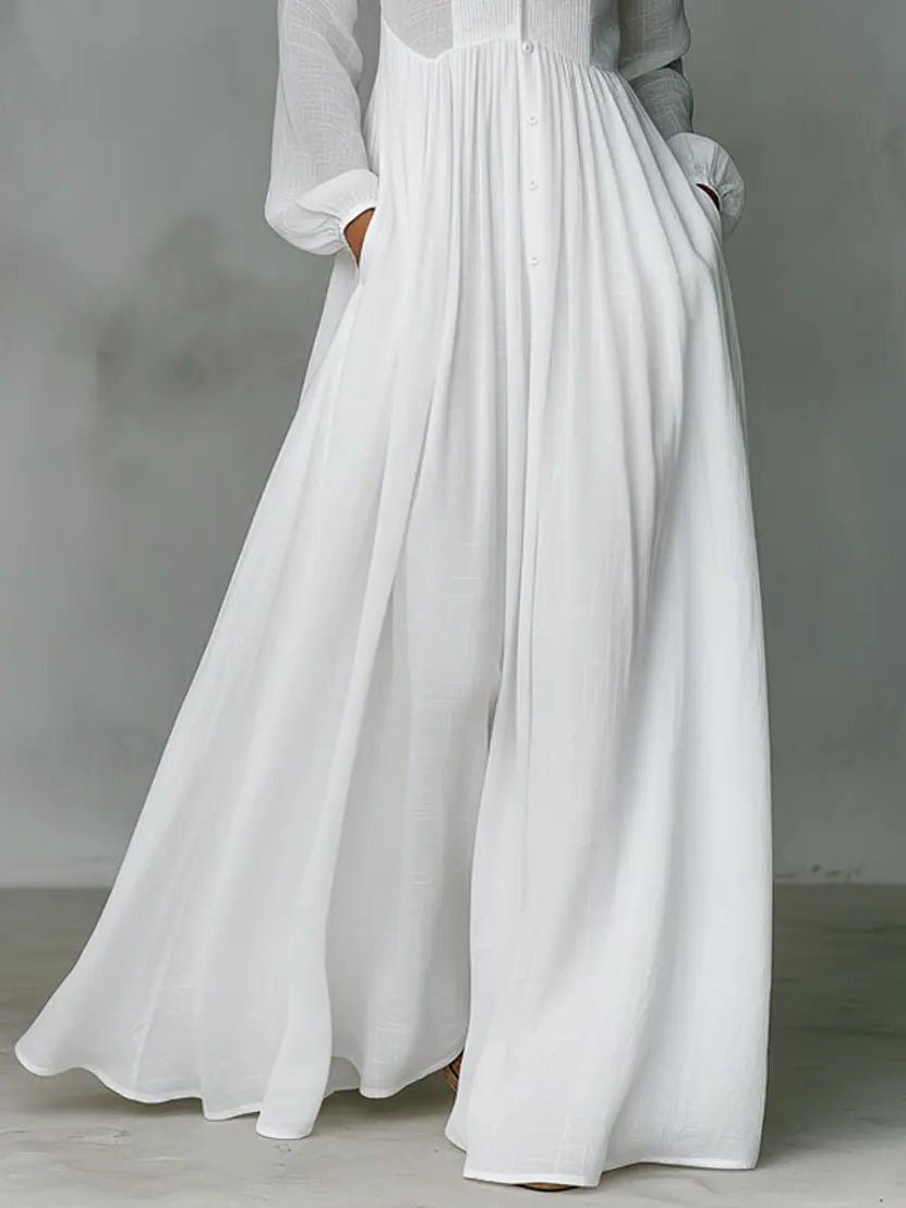Women's Linen Blend Stand Collar Maxi Shirt Dress