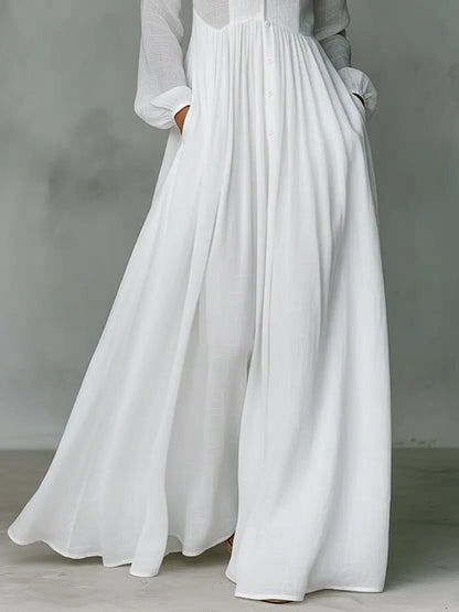 Women's Linen Blend Stand Collar Maxi Shirt Dress