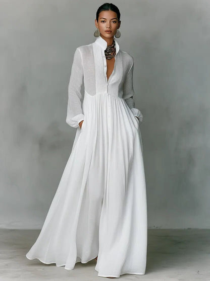 Women's Linen Blend Stand Collar Maxi Shirt Dress