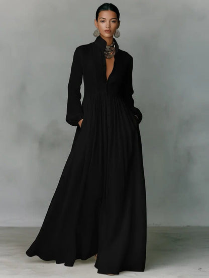 Women's Linen Blend Stand Collar Maxi Shirt Dress