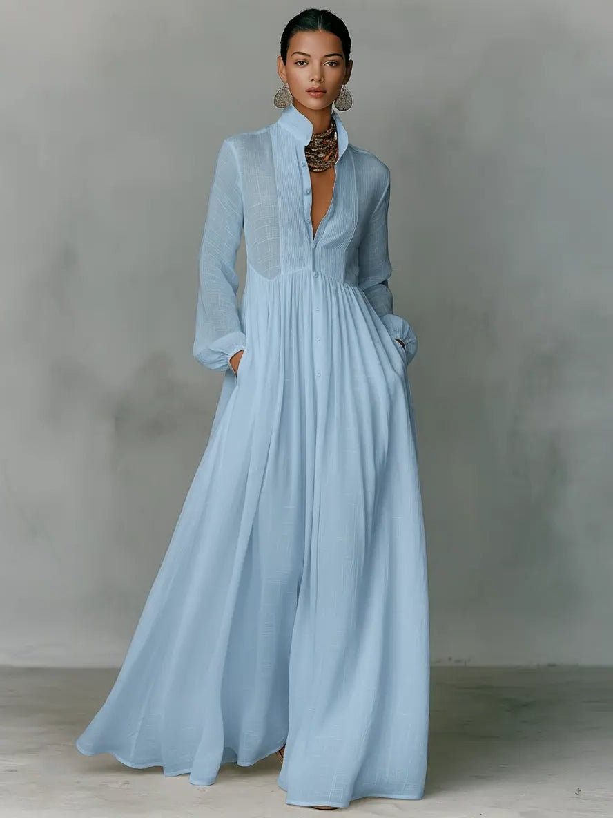 Women's Linen Blend Stand Collar Maxi Shirt Dress