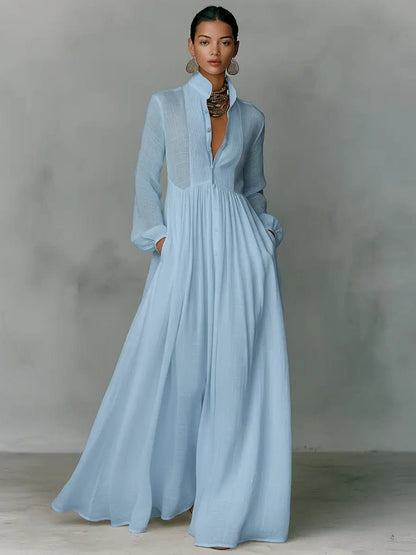 Women's Linen Blend Stand Collar Maxi Shirt Dress