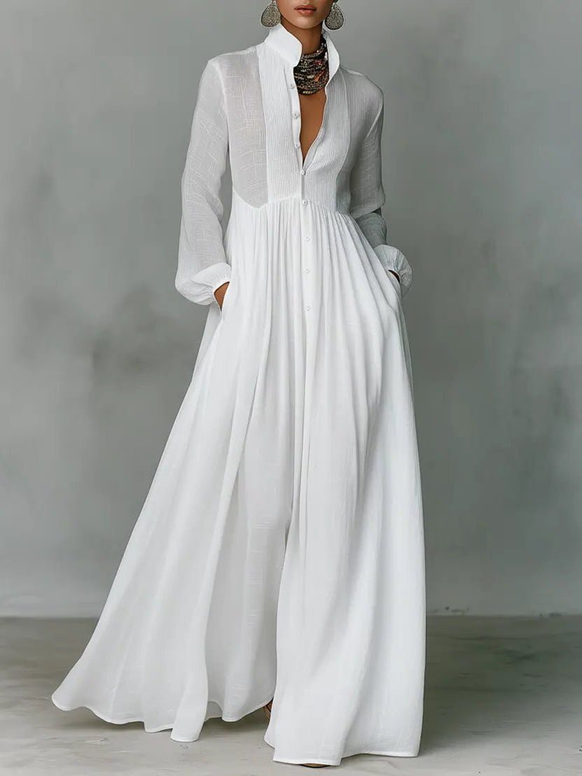 Women's Linen Blend Stand Collar Maxi Shirt Dress