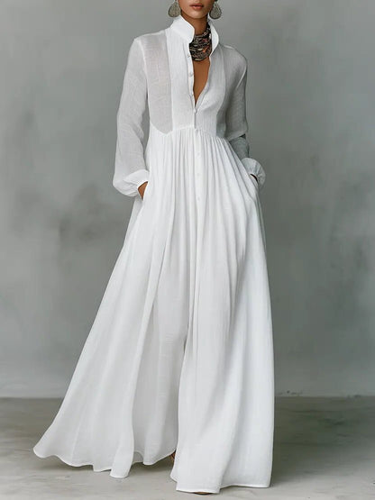 Women's Linen Blend Stand Collar Maxi Shirt Dress