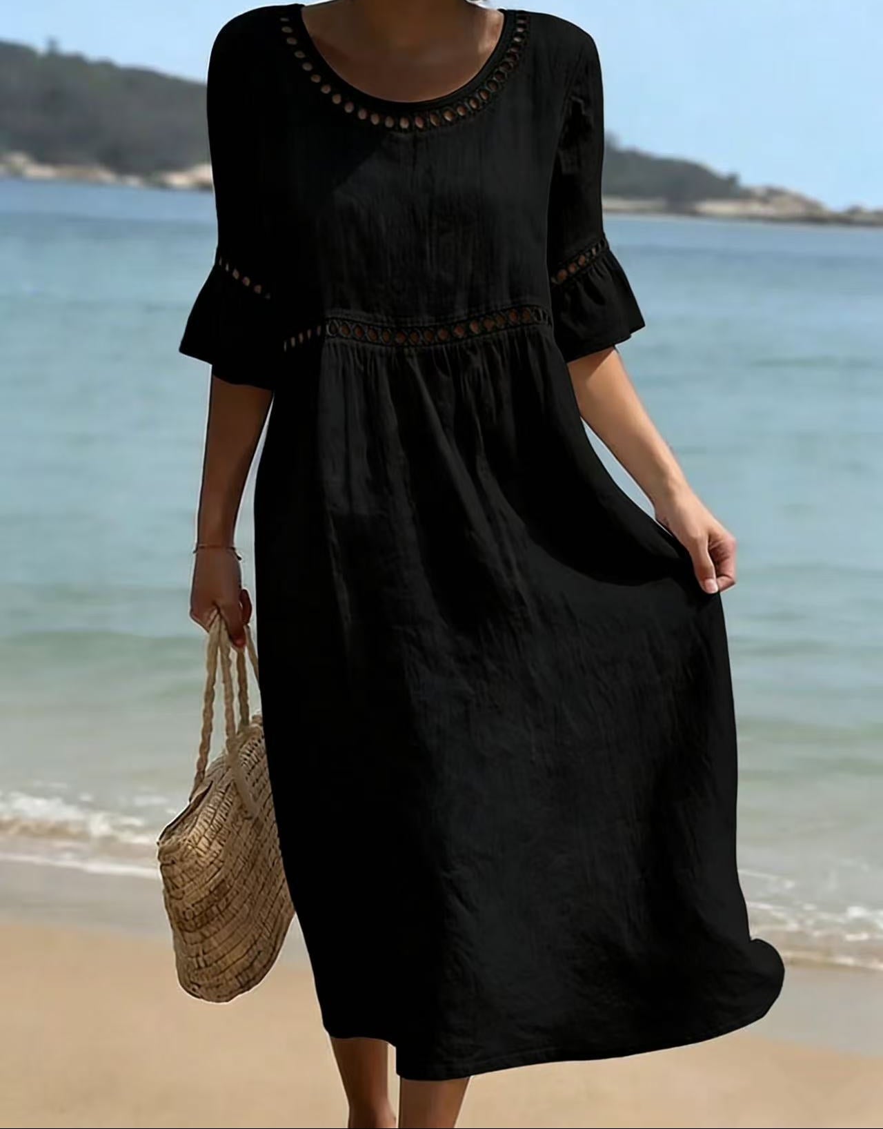 Women's Linen Midi Dress With Flared Sleeves