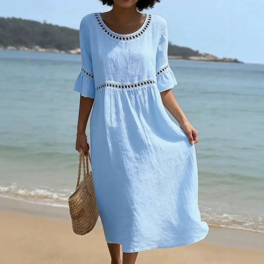 Women's Linen Midi Dress With Flared Sleeves