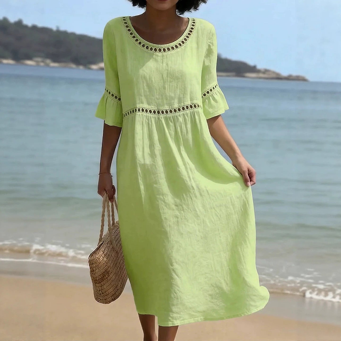 Women's Linen Midi Dress With Flared Sleeves