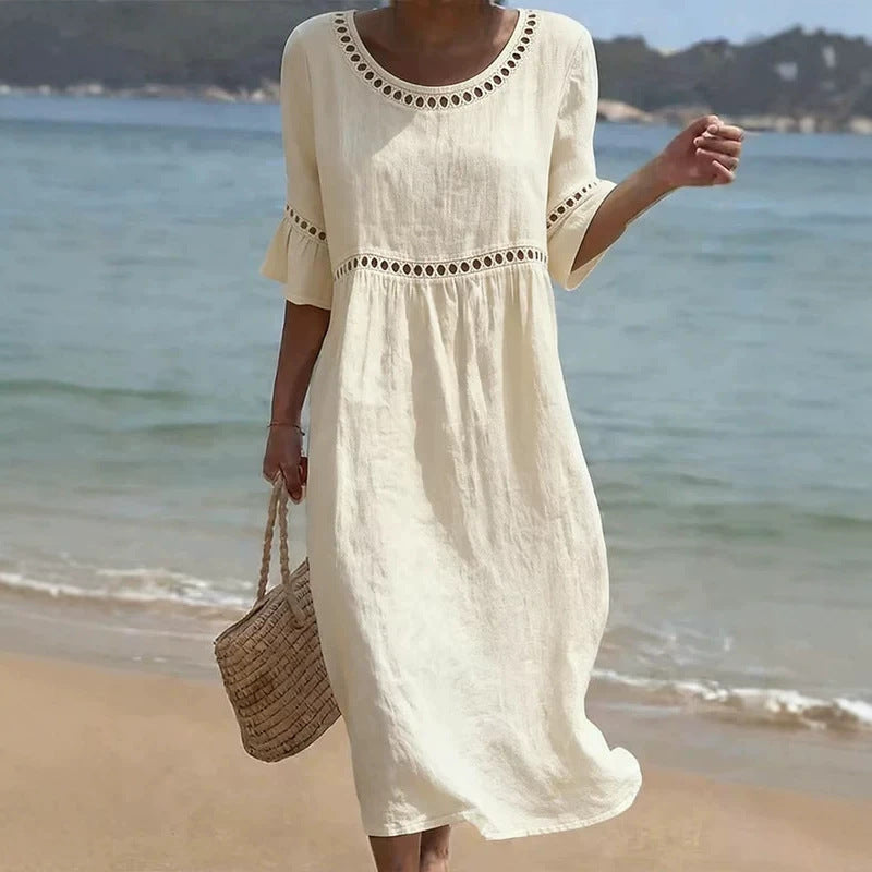 Women's Linen Midi Dress With Flared Sleeves