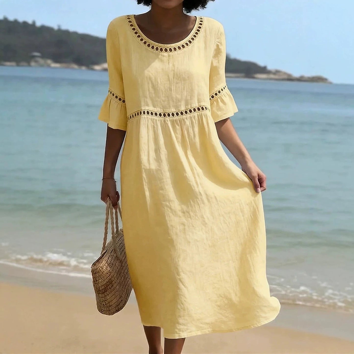 Women's Linen Midi Dress With Flared Sleeves