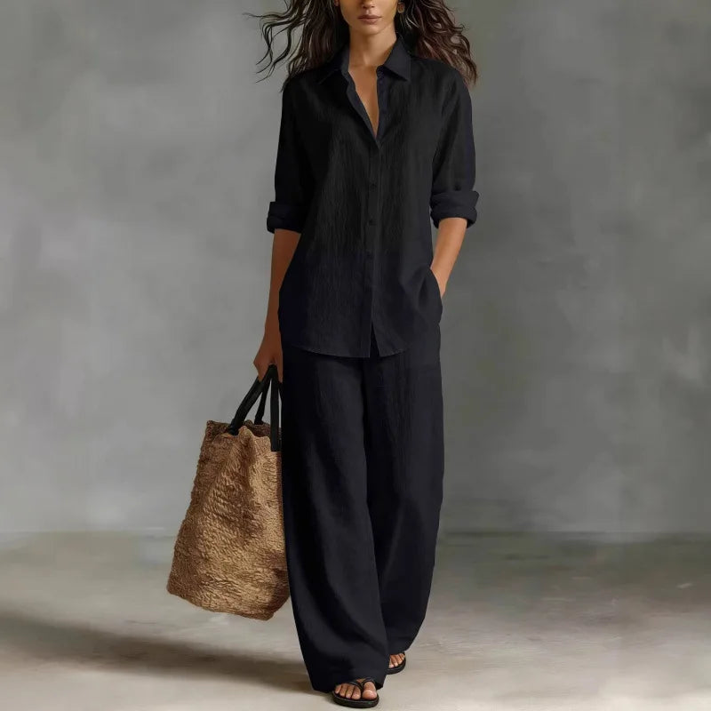 Women's Linen Shirt And Wide Leg Trouser Set