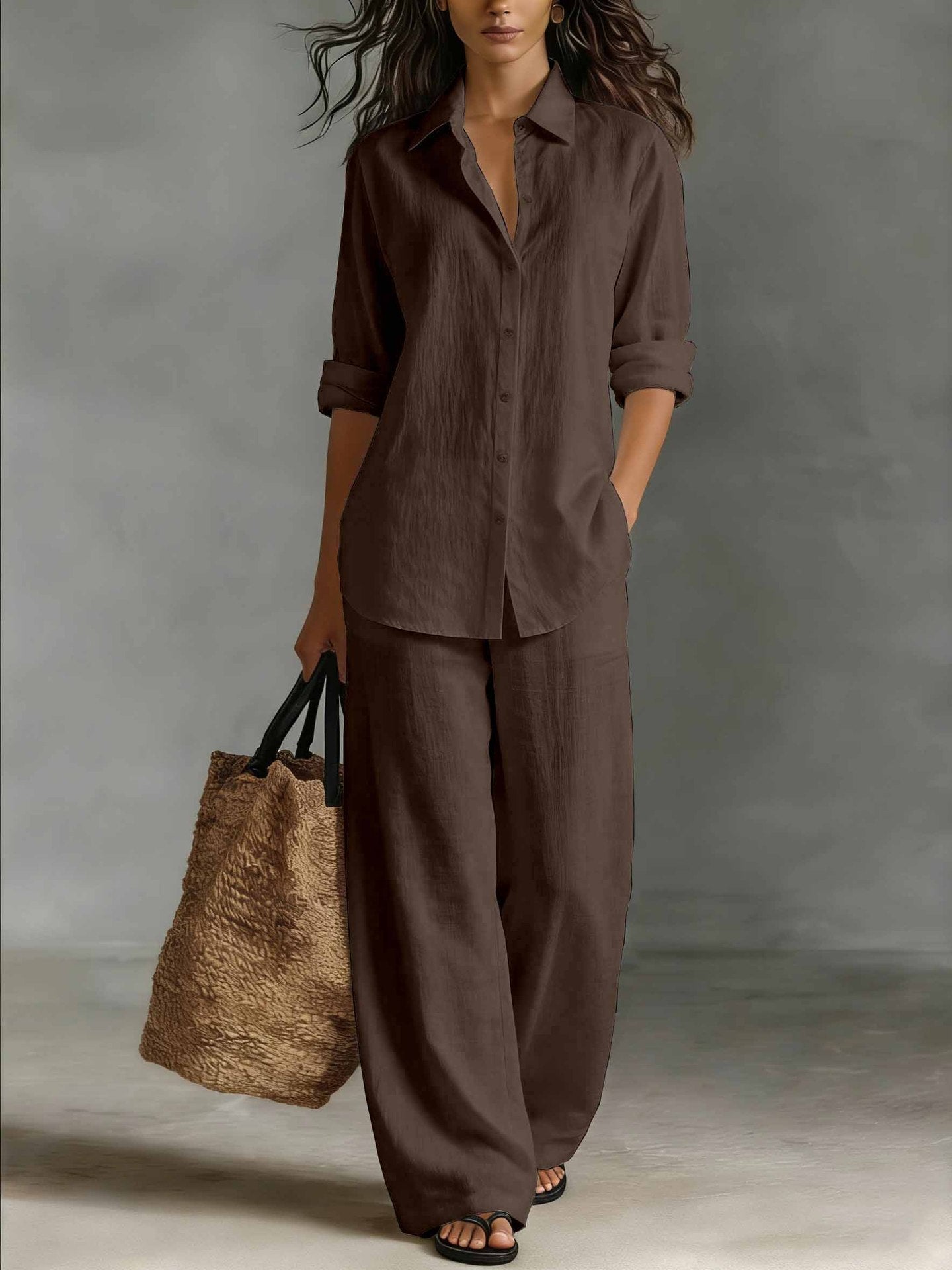 Women's Linen Shirt And Wide Leg Trouser Set