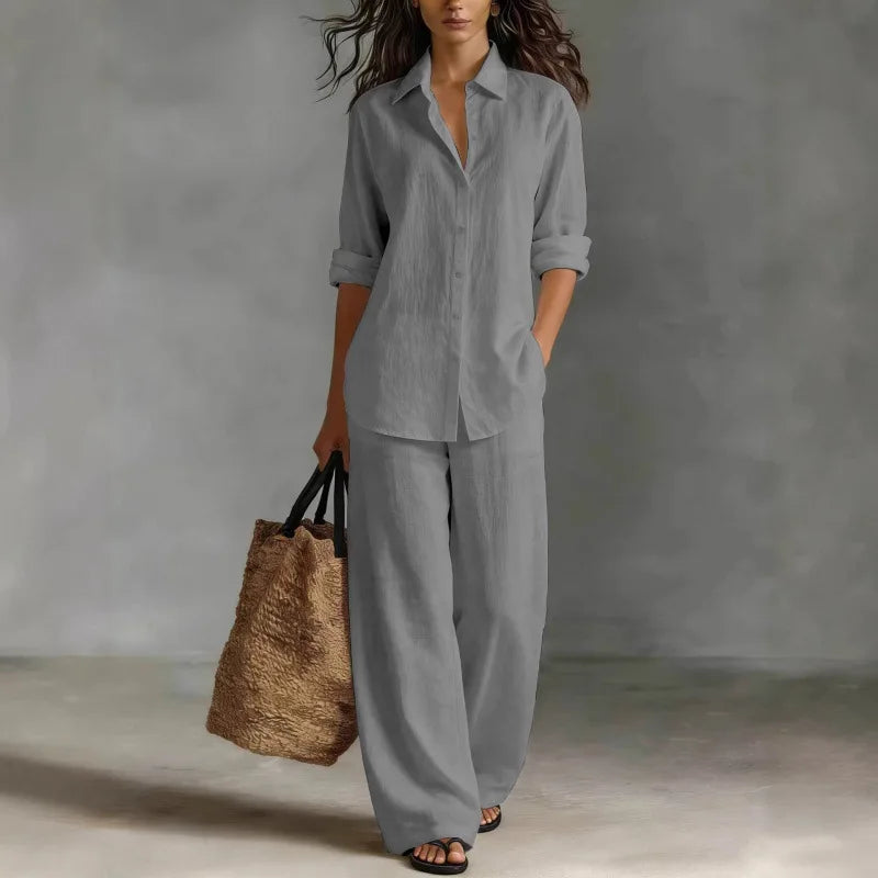 Women's Linen Shirt And Wide Leg Trouser Set