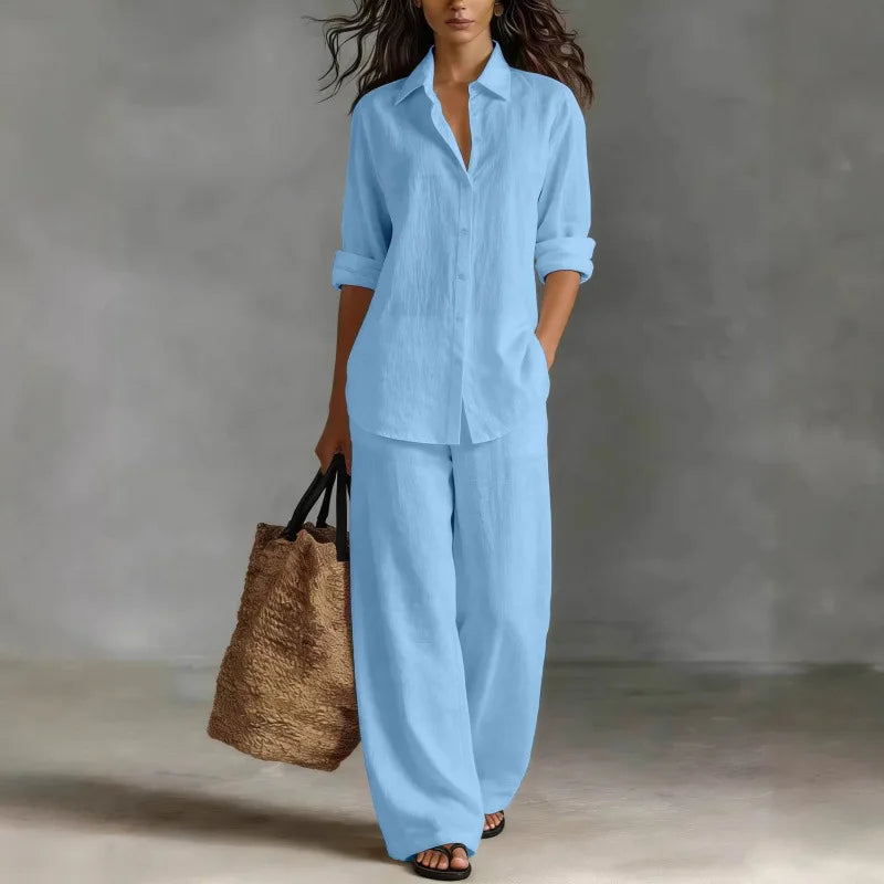 Women's Linen Shirt And Wide Leg Trouser Set