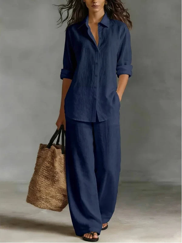 Women's Linen Shirt And Wide Leg Trouser Set