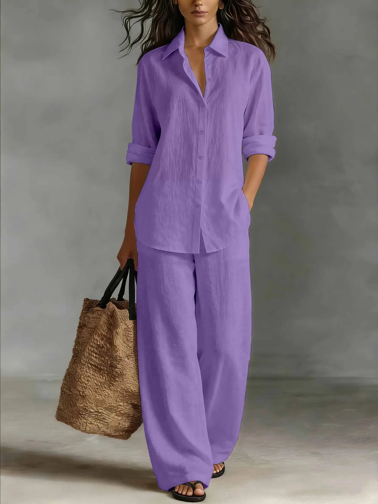 Women's Linen Shirt And Wide Leg Trouser Set