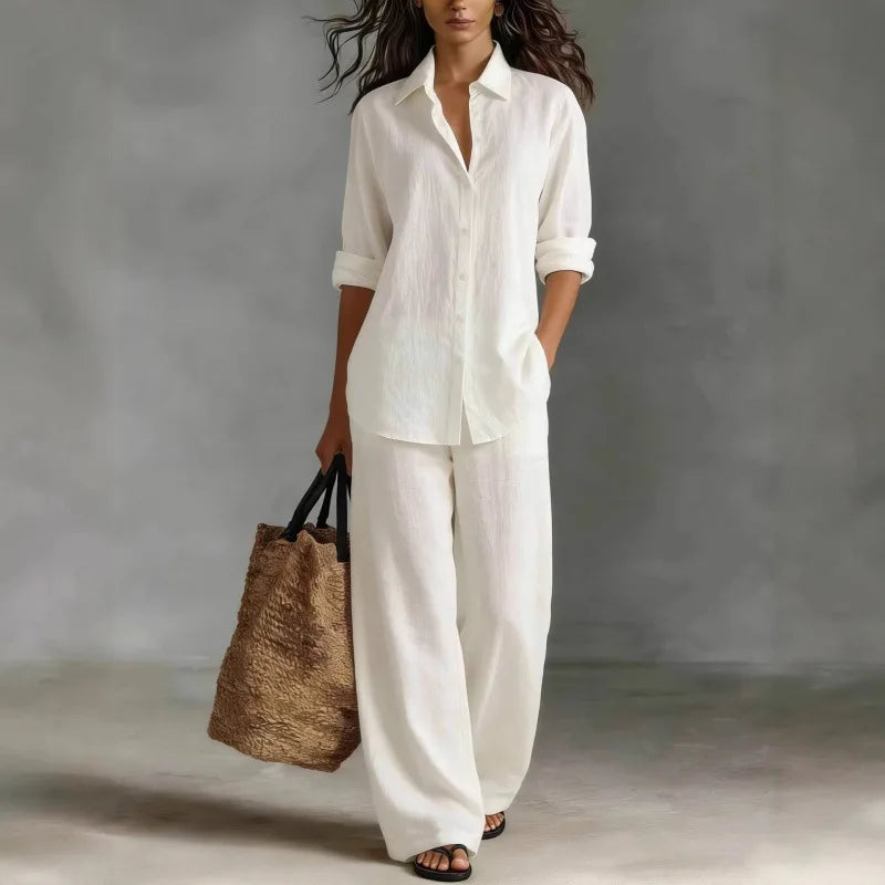 Women's Linen Shirt And Wide Leg Trouser Set