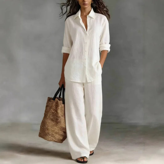 Women's Linen Shirt And Wide Leg Trouser Set