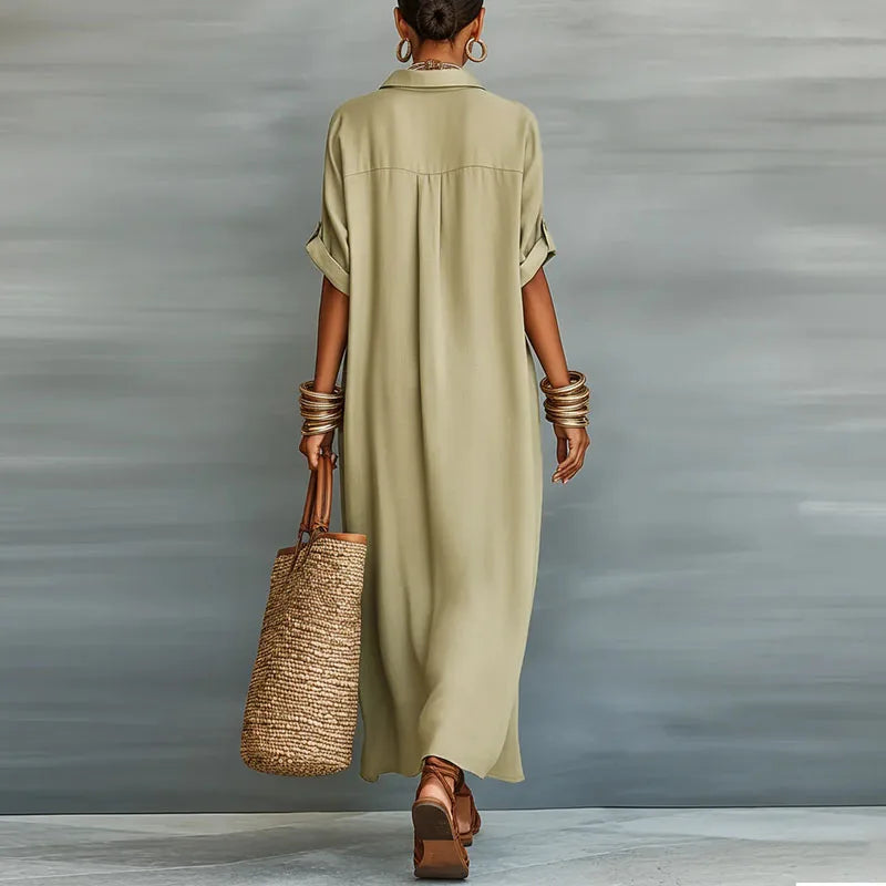 Women's Linen Shirt Maxi Dress With Collar