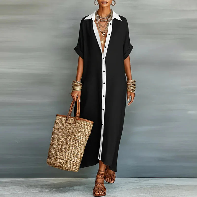 Women's Linen Shirt Maxi Dress With Collar