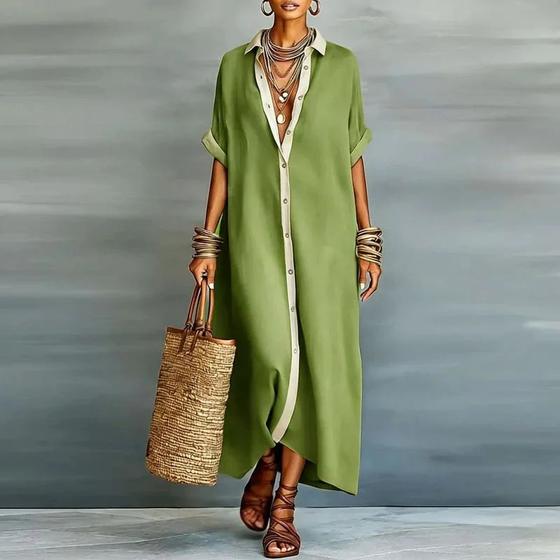 Women's Linen Shirt Maxi Dress With Collar