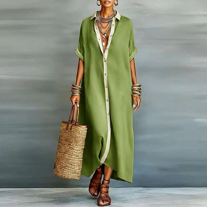 Women's Linen Shirt Maxi Dress With Collar