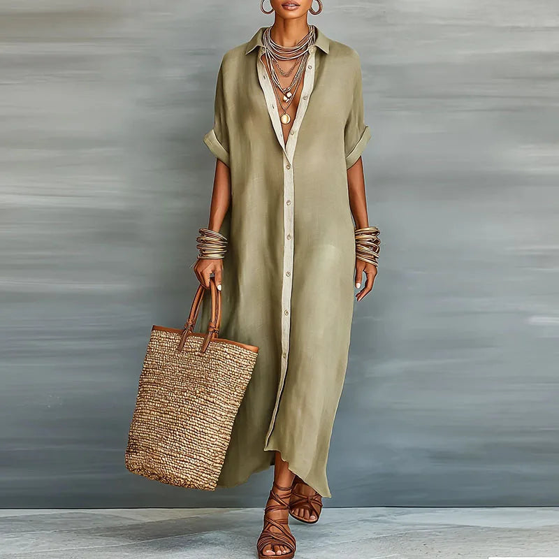 Women's Linen Shirt Maxi Dress With Collar