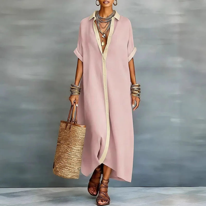 Women's Linen Shirt Maxi Dress With Collar