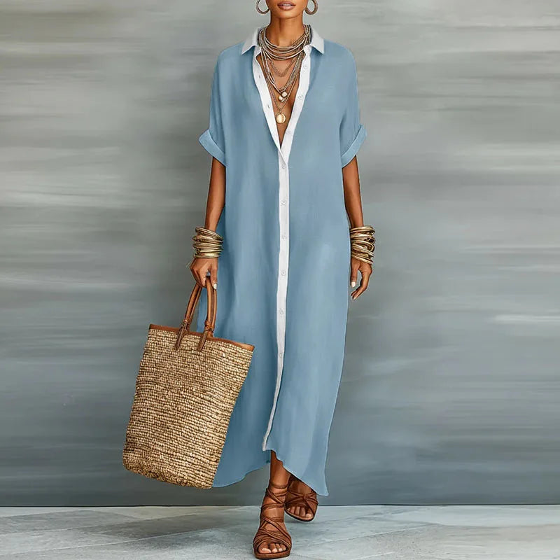 Women's Linen Shirt Maxi Dress With Collar