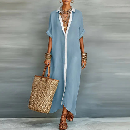 Women's Linen Shirt Maxi Dress With Collar