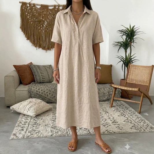 Women's Linen Shirt Midi Dress With Short Sleeves
