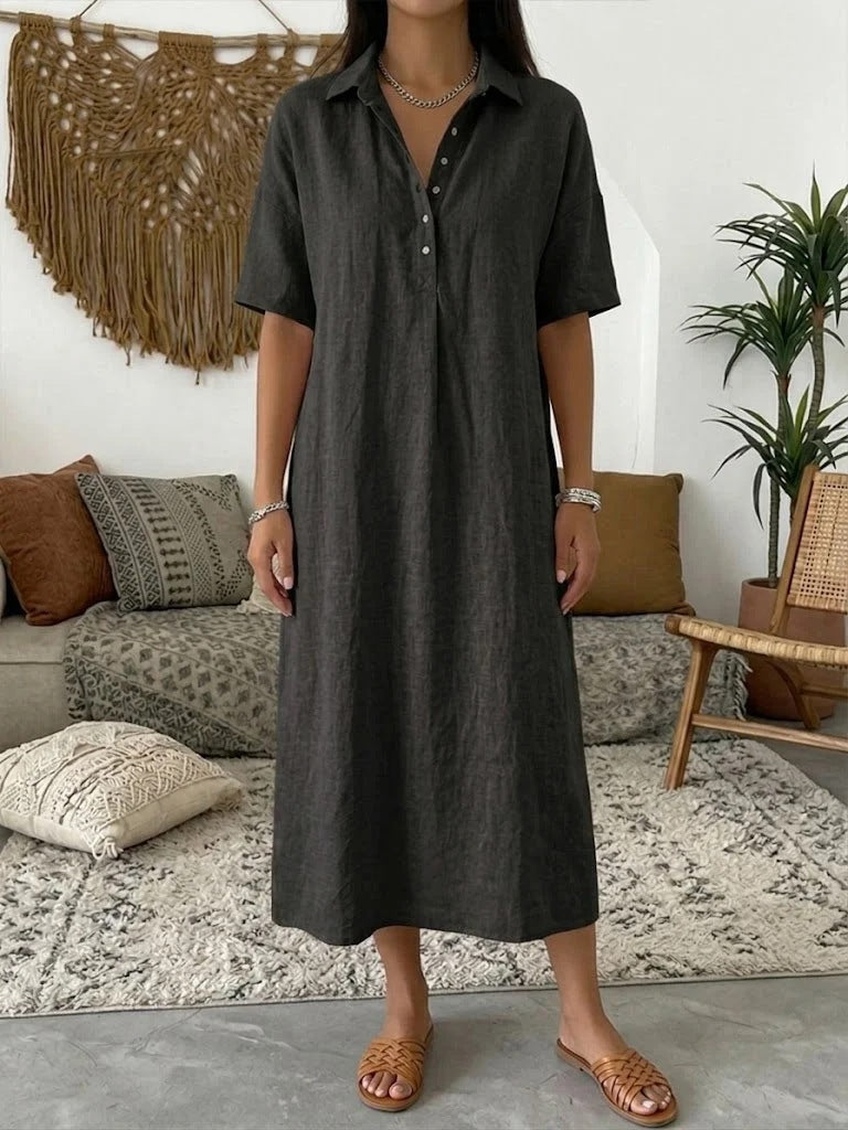 Women's Linen Shirt Midi Dress With Short Sleeves