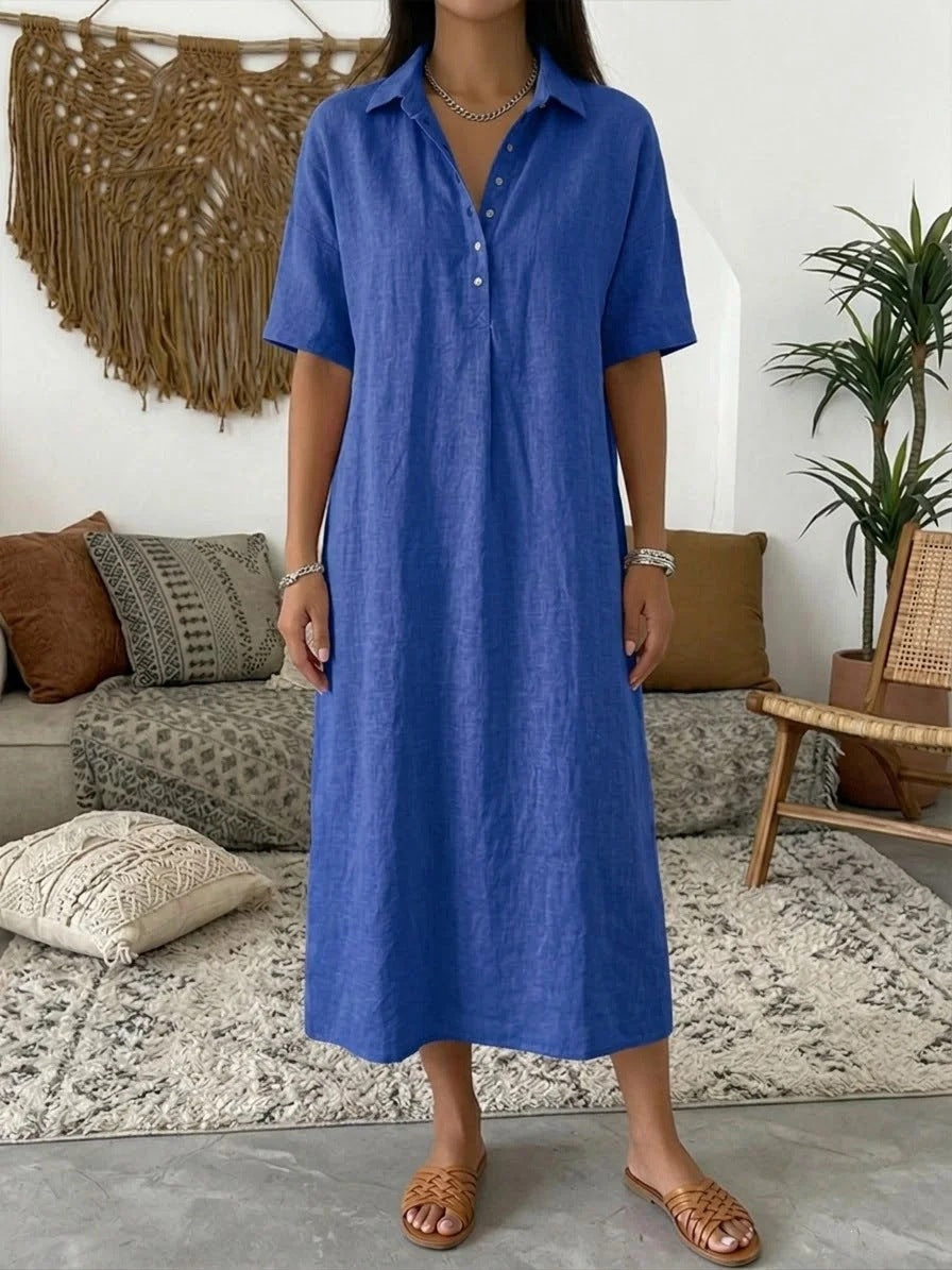 Women's Linen Shirt Midi Dress With Short Sleeves