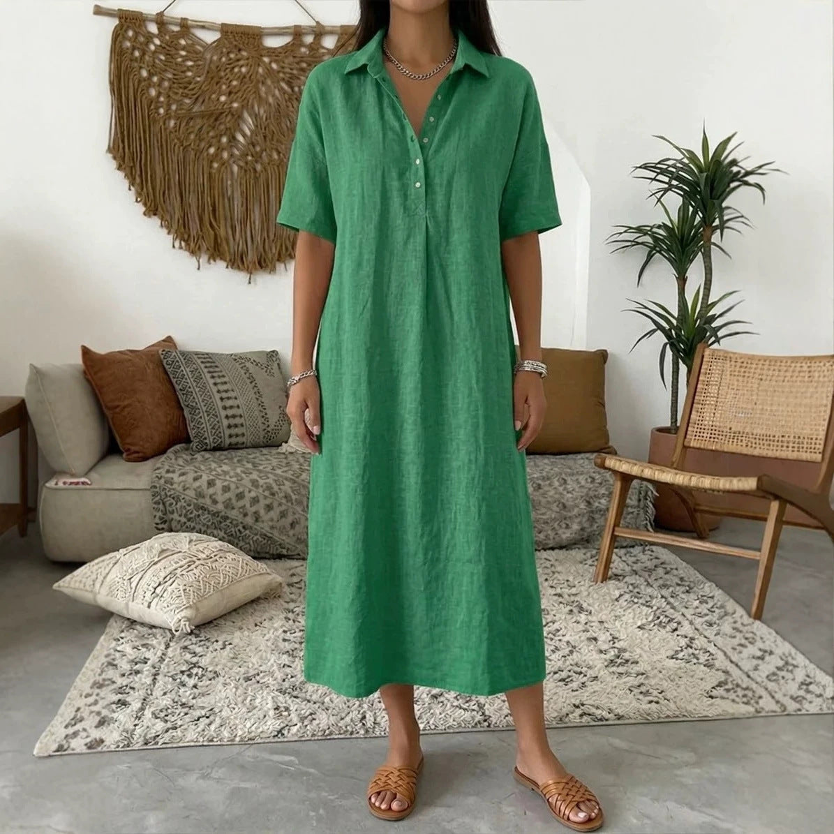 Women's Linen Shirt Midi Dress With Short Sleeves