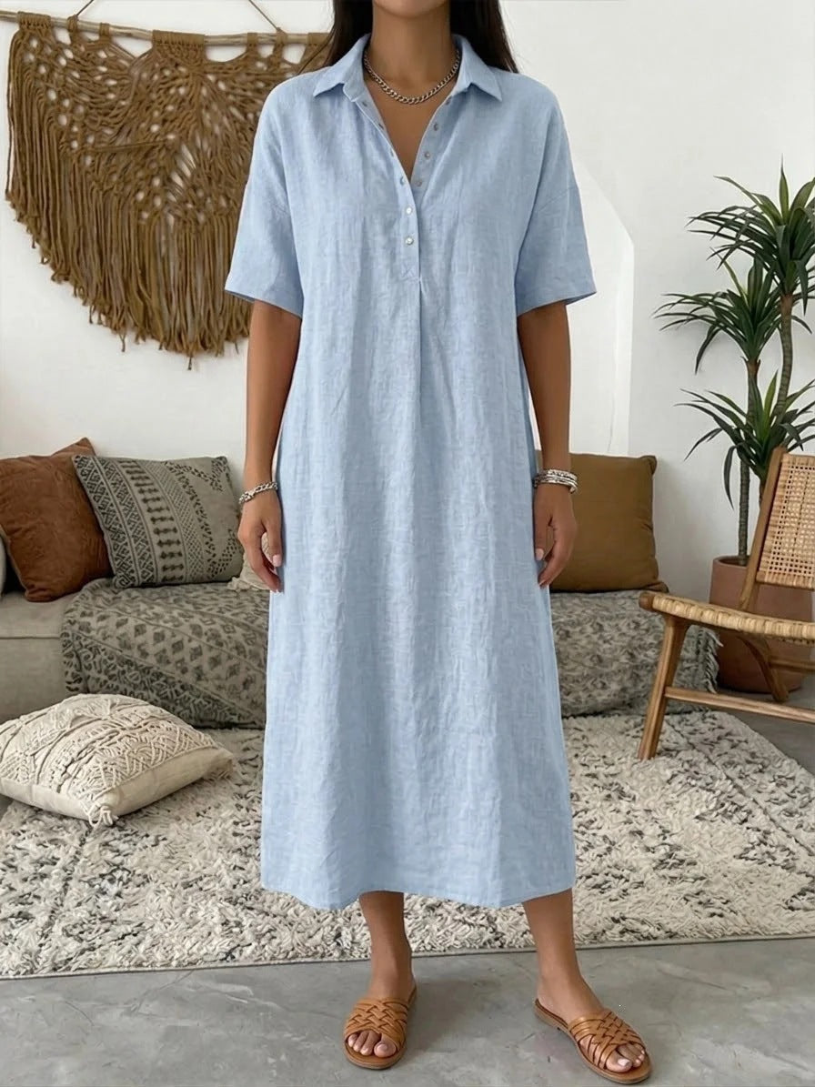 Women's Linen Shirt Midi Dress With Short Sleeves