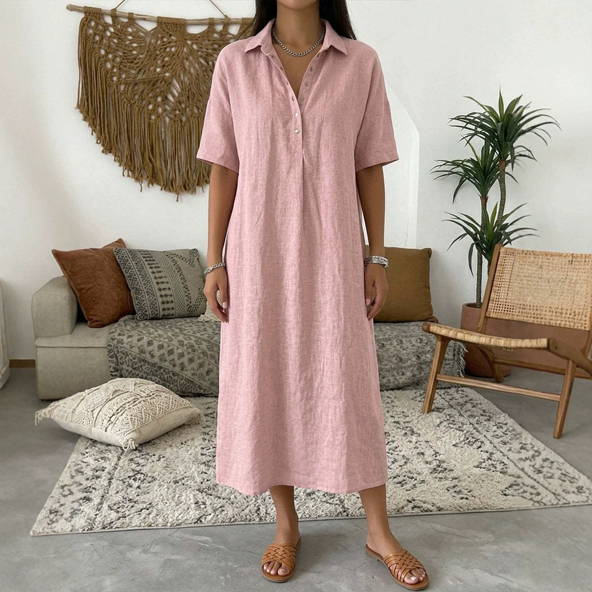 Women's Linen Shirt Midi Dress With Short Sleeves