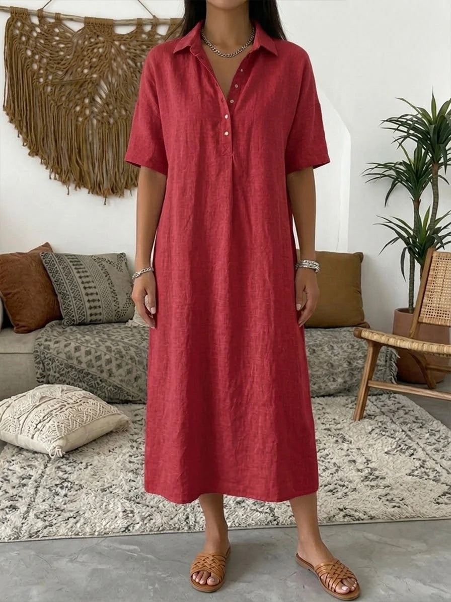 Women's Linen Shirt Midi Dress With Short Sleeves