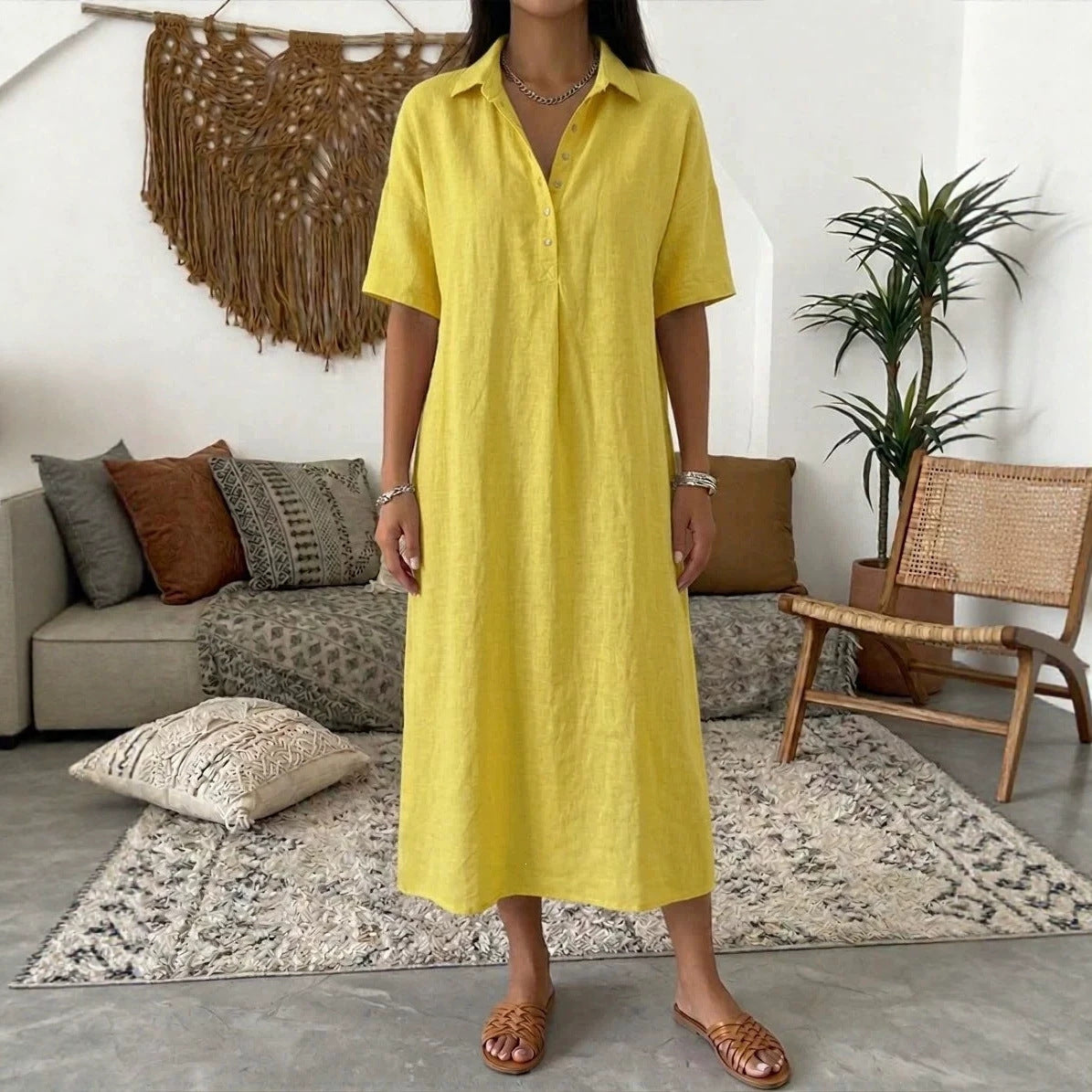 Women's Linen Shirt Midi Dress With Short Sleeves
