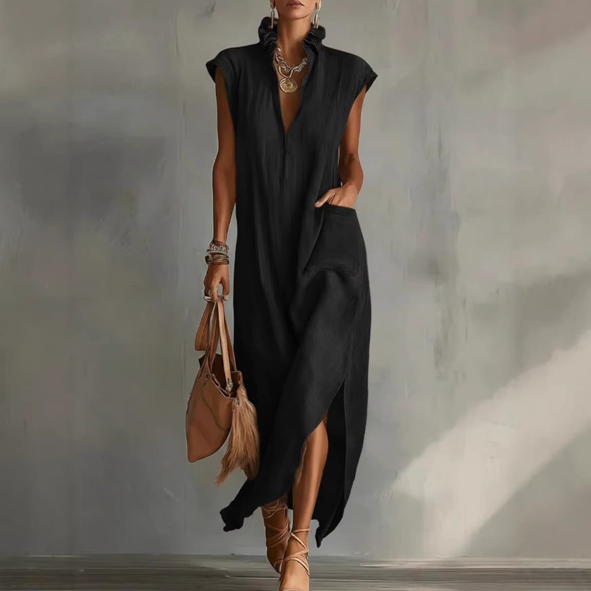 Women's Linen Sleeveless V Neck Midi Shirt Dress