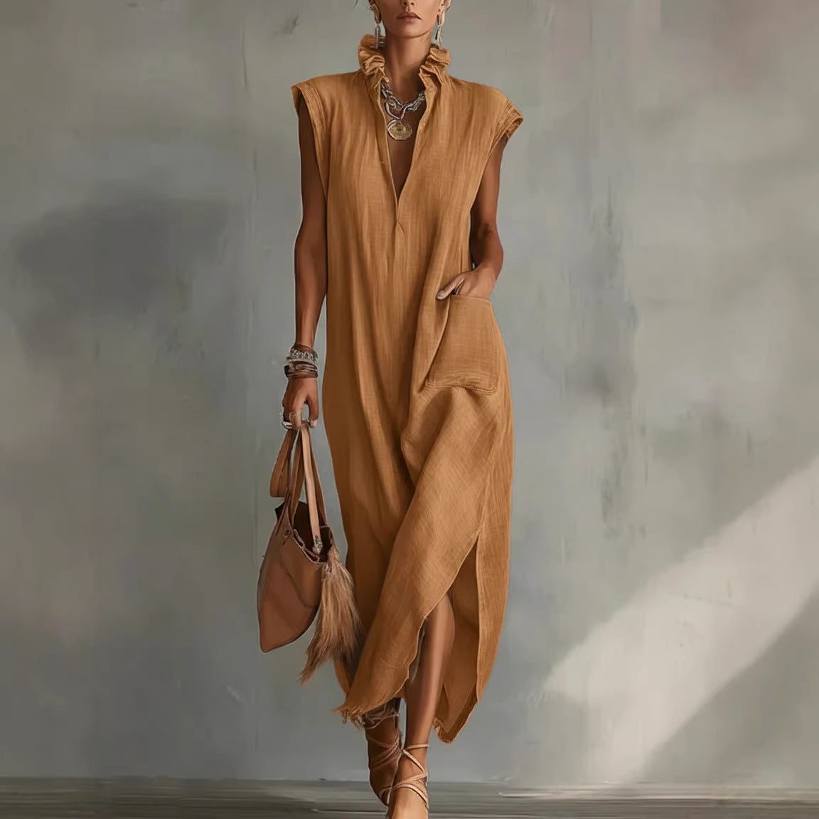 Women's Linen Sleeveless V Neck Midi Shirt Dress