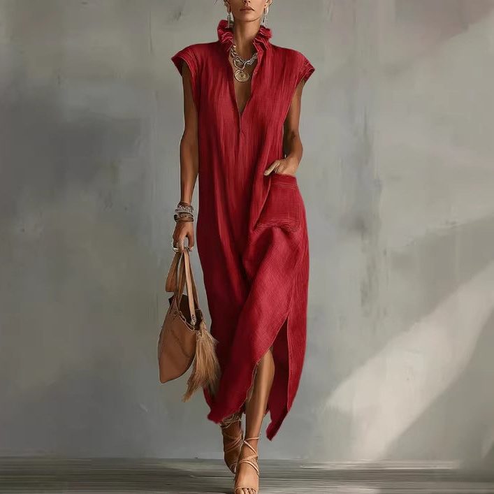 Women's Linen Sleeveless V Neck Midi Shirt Dress