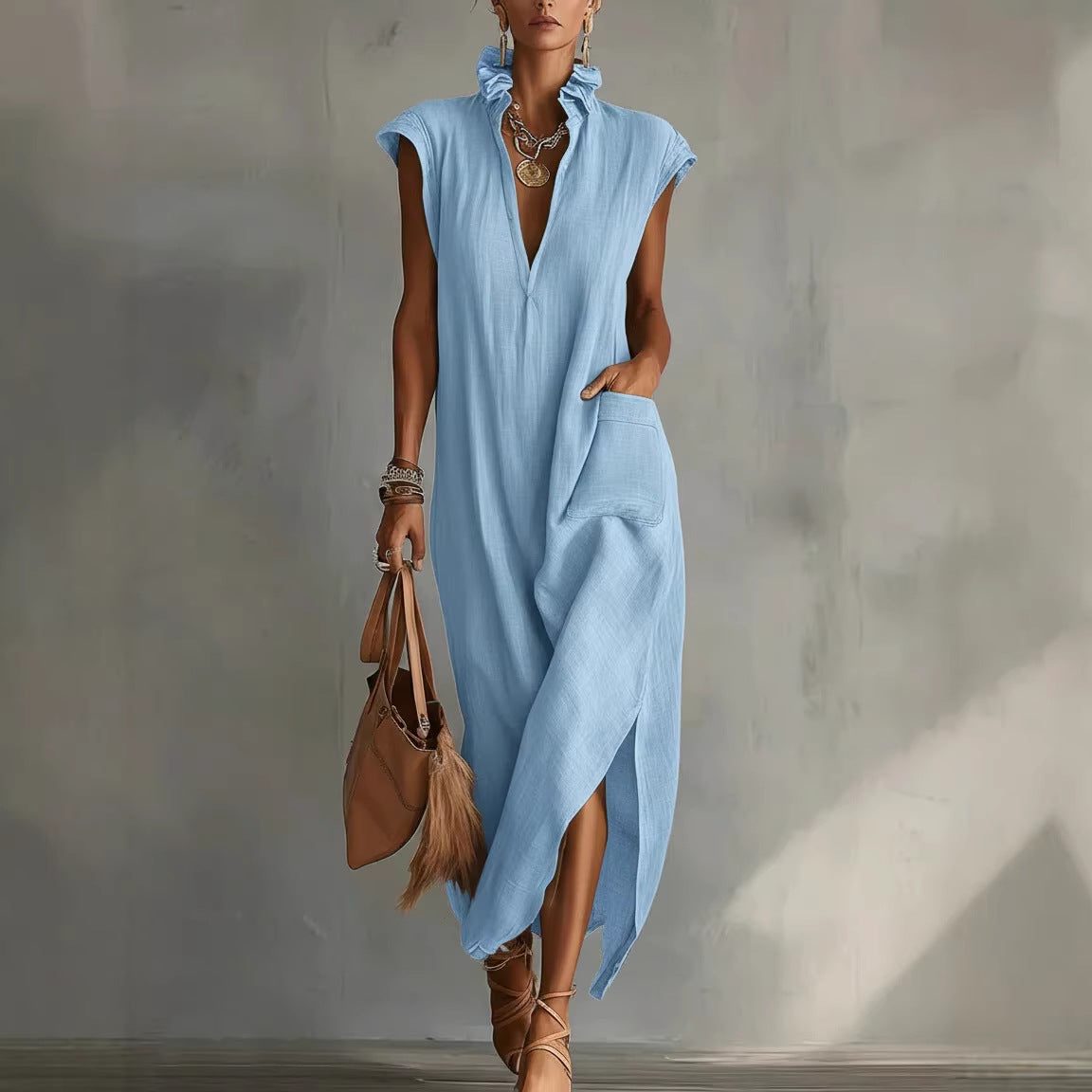 Women's Linen Sleeveless V Neck Midi Shirt Dress