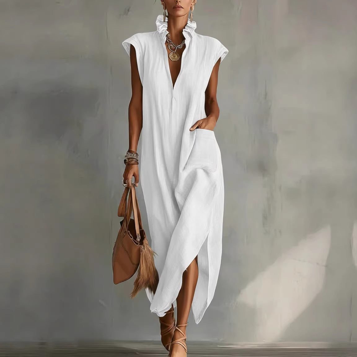Women's Linen Sleeveless V Neck Midi Shirt Dress