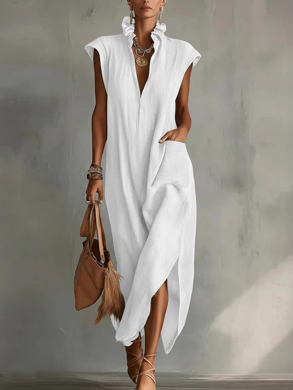 Women's Linen Sleeveless V Neck Midi Shirt Dress