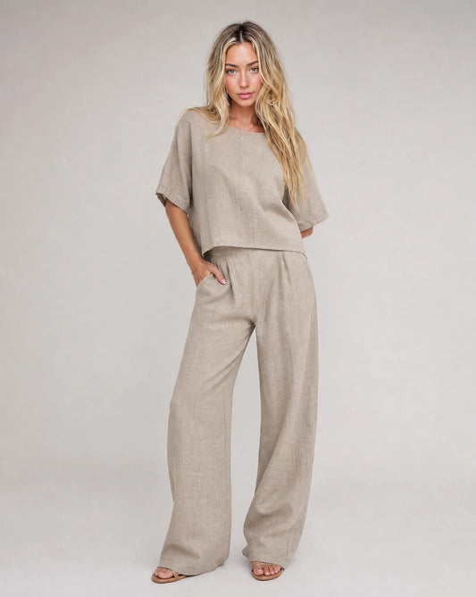 Women's light grey linen wide leg summer trouser set with relaxed fit and matching top by ILYNORA