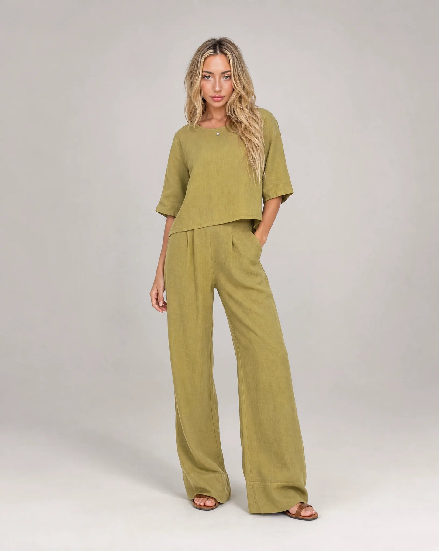 Women's yellow linen wide leg summer trouser set with relaxed fit and matching top by ILYNORA