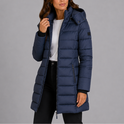 Women's long hooded insulated puffer coat for winter front view