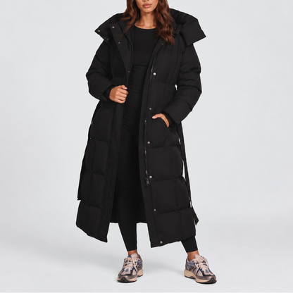 Women's long hooded puffer coat with belt front view